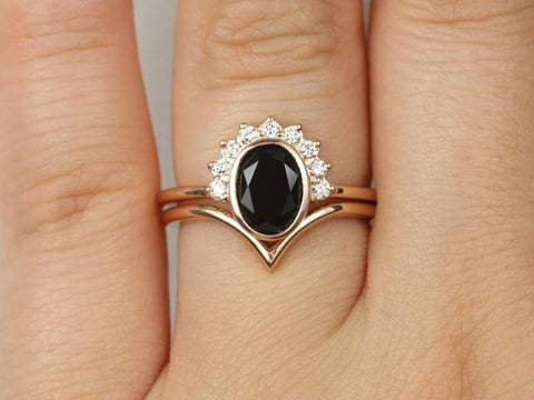 Oksana 8x6mm & Willow 14kt Rose Gold Black Onyx Diamonds Oval Bezel Crescent Sunrays Half Halo Chevron Bridal Set