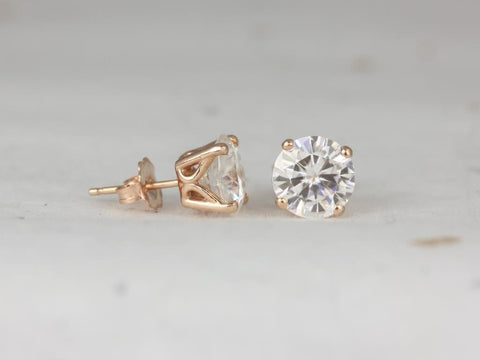 Ready to Ship Donna 8mm 14kt Rose Gold Round F1- Moissanite Leaf Gallery Basket Stud Earrings