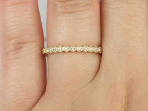 Ready to Ship Ultra Petite Honore 14kt WHITE Gold Dainty Art Deco Hexagon WITH Milgrain Diamond ALMOST Eternity Band Stack Ring