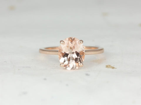 Delia 10x8mm 14kt Rose Gold Morganite Dainty Low Cathedral Oval Solitaire Engagement Ring