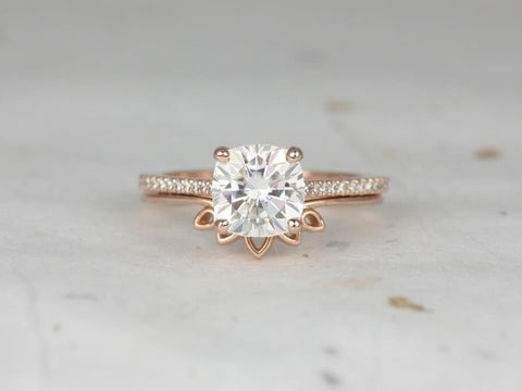 2cts Marcelle 7.5mm & Lollie 14kt Rose Gold Moissanite Diamond Dainty Cushion Solitaire Cathedral Bridal Set