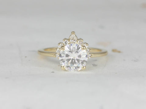 2ct Kylie 8mm 14kt Gold Round Moissanite Diamond Unique Crescent Cluster Half Halo Round Engagement Ring