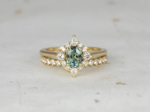0.92ct Ready to Ship Maris 14kt Gold Oval Jungle Teal Sapphire Diamonds Star Unique Oval Halo Bridal Set