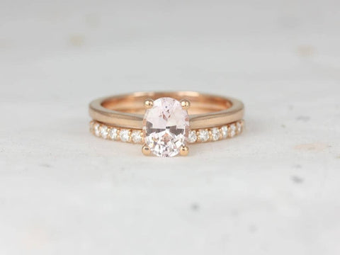 1.26ct Ready to Ship Skinny Lois & Tiffani 14kt Rose Gold Peach Champagne Sapphire Diamonds Oval Bridal Set