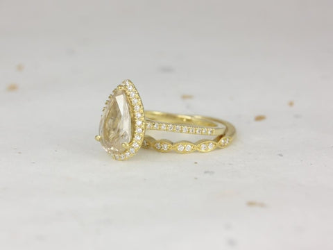 3.94ct Ready to Ship Tabitha & Christie 18kt Gold Champagne Zircon Diamonds Dainty Art Deco Pear Halo Bridal Set
