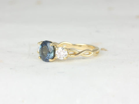 2.30ct Round Teal Sapphire Moissanite 3 Stone Twist Engagement Ring,14kt Yellow Gold,Ready to Ship Cameron 2.30cts,Rosados Box