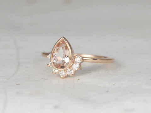 Oana 8x5mm 14kt Rose Gold Morganite Diamonds Bezel Crescent Sunrays Half Pear Halo Unique Engagement Ring