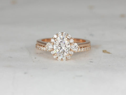 Ready to Ship Britney 8x6mm 1.50cts 14kt Rose Gold Moissanite Diamonds 3 Stone Oval Unique Halo Bridal Set