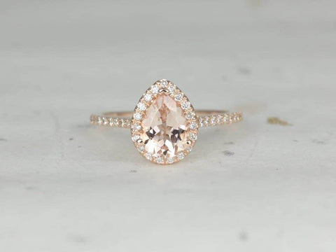 Tabitha 8x6mm 14kt Rose Gold Morganite Diamond Dainty Pave Pear Halo Ring,Pear Morganite Engagement Ring,Morganite Halo Ring