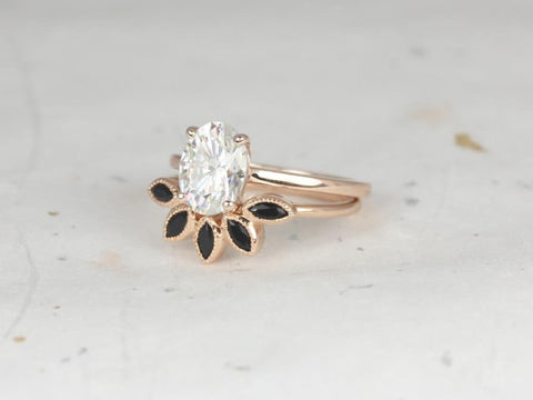 2cts Oval Moissanite Onyx Thin Cathedral Solitaire Bridal Set, 14kt Solid Rose Gold, Delia 9x7mm & Petunia, Rosados Box