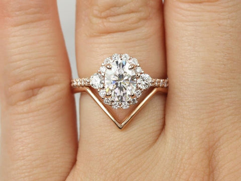 1.50ct Bridgette 8x6mm & Femme 14kt Rose Gold Moissanite Diamond Unique Halo Bridal Set,Oval Engagement Ring Set,Wedding Ring Set