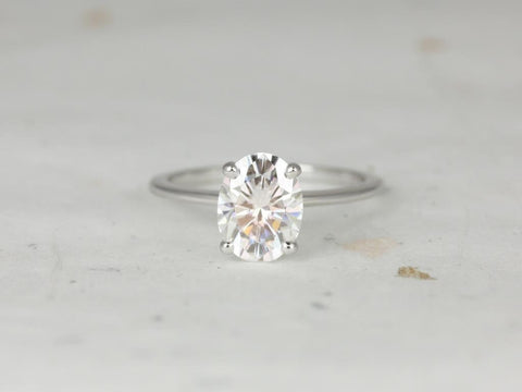 Ready to Ship Skinny Rhonda 9x7mm 14kt White Gold Oval Forever One Moissanite Thin Cathedral Solitaire Engagement Ring