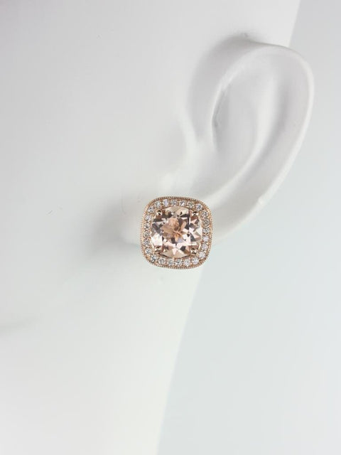 Rheine 14kt Gold Morganite Diamond WITH Milgrain Cushion Halo Stud Earrings