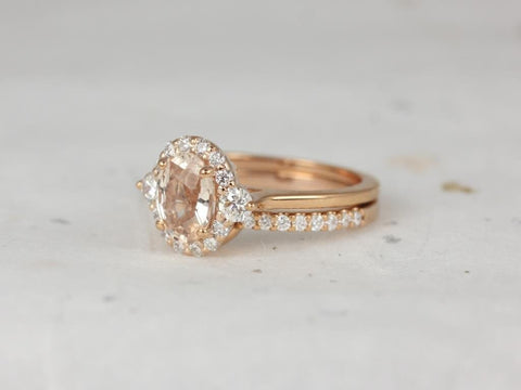 1.41cts Ready to Ship Britney 14kt Rose Gold Peach Sapphire Diamond Unique Oval Halo Bridal Set