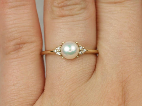 Ready to Ship Mio 6mm 14kt Yellow Gold Pearl Sapphire Dainty Cluster 3 Stone Ring,June Birthstone Gift,Promise Ring,Anniversary Ring