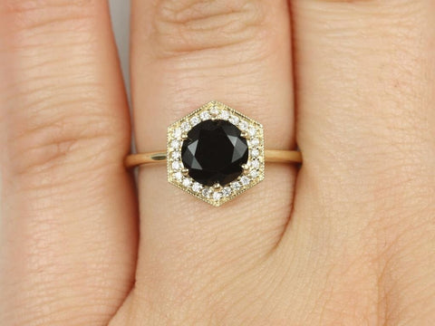 Willis 7mm 14kt Gold Black Onyx Diamond WITH Milgrain Art Deco Hexagon Halo Ring,Unique Onyx Ring,December Birthstone