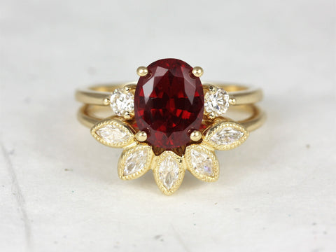 Gloria 9x7mm & Petunia 14kt Solid Gold Ruby Sapphire Diamonds Art Deco 3 Stone Oval Bridal Set