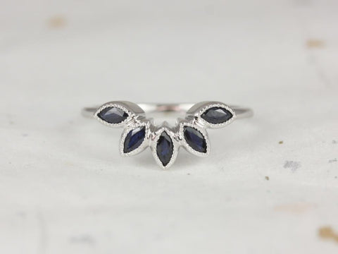 Rosados Box Petunia 14kt Solid White Gold Marquise Blue Sapphire WITH Milgrain Tiara Nesting Ring