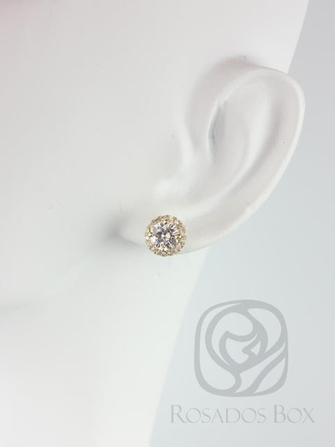 Rosados Box Ready to Ship Gemma 5mm 14kt WHITE Gold Round Moissanite Diamonds Halo Stud Earrings