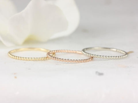 Ready to Ship Ultra Thin Bead Stacking Ring,Petite Dainty Beaded Stacking Band,14kt ROSE Gold,Ultra Petite Buddha Beads