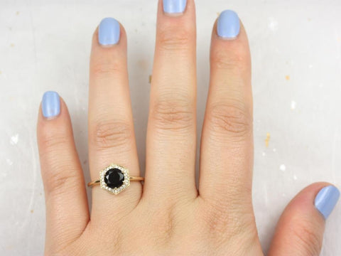 Willis 7mm 14kt Gold Black Onyx Diamond WITH Milgrain Art Deco Hexagon Halo Ring,Unique Onyx Ring,December Birthstone