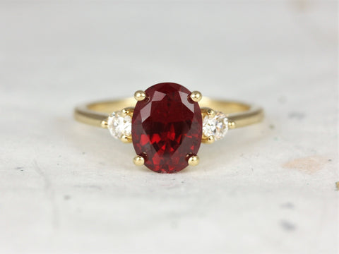 Gloria 9x7mm 14kt Gold Ruby Diamond Oval Three Stone Ring