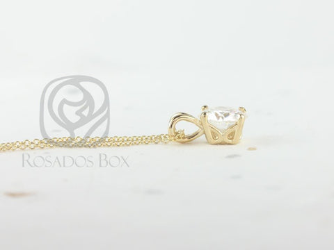 Rosados Box Donna 8mm 14kt Yellow Gold Round Moissanite Solitaire Leaf Gallery Basket Necklace