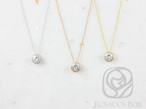 Rosados Box Ready to Ship Gemma 5mm 14kt WHITE Gold Round Moissanite Diamonds Halo Floating Necklace