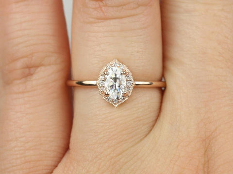 0.50cts Mini Mae 6x4mm 14kt Rose Gold Moissanite Diamond WITH Milgrain Oval Halo Ring