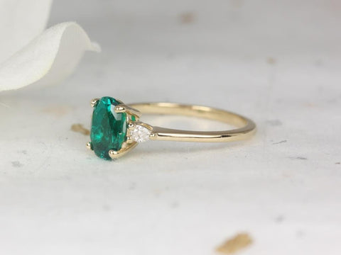 Petite Emery 8x6mm 14kt Gold Green Emerald Diamond Three Stone Oval Ring
