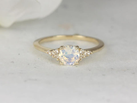 Malia 6mm 14kt Gold Rainbow Moonstone Sapphire Art Deco Dainty Round 3 Stone Cluster Ring,Pinky Promise Ring,Birthstone Gift