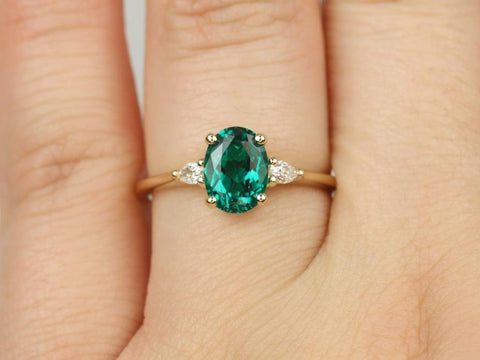 Petite Emery 8x6mm 14kt Gold Green Emerald Diamond 3 Stone Oval Engagement Ring