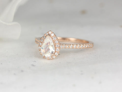Tabitha 7x5mm 14kt Rose Gold Rainbow Moonstone Diamond Dainty Pear Halo Ring,June Birthstone,Pear Engagement Ring,Gift For Her