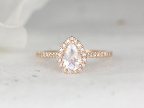 Tabitha 7x5mm 14kt Rose Gold Rainbow Moonstone Diamond Dainty Pear Halo Ring,June Birthstone,Pear Engagement Ring,Gift For Her
