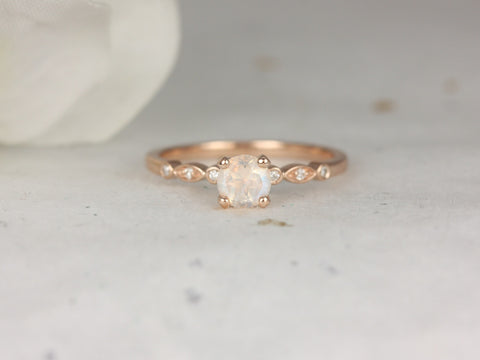 Gale 5mm 14kt Rose Gold Rainbow Moonstone Diamonds WITHOUT Milgrain Art Deco Round Solitaire Ring