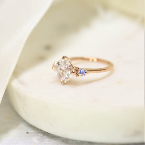 2.20cts Maxine 8mm 14kt Rose Gold Moissanite Moonstone Round Dainty 3 Stone Asscher Engagement Ring