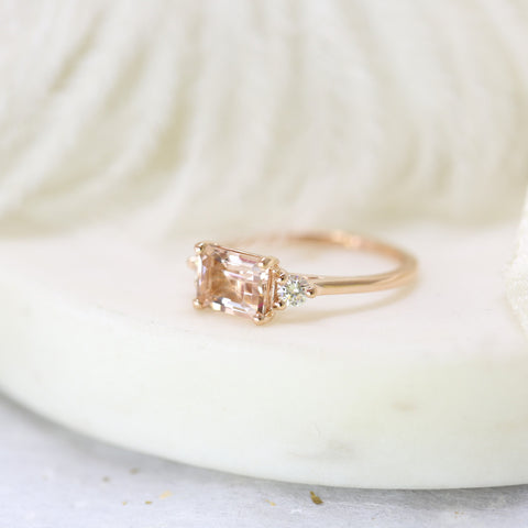 Saint 8x6mm 14kt Rose Gold Morganite Moissanite Dainty Unique East West Horizontal 3 Stone Emerald Engagement Ring