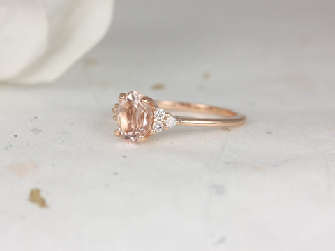 Juniper 8x6mm 14kt Rose Gold Morganite Diamond Three Stone Oval Engagement Ring,Dainty Morganite Cluster Ring,Anniversary Gift