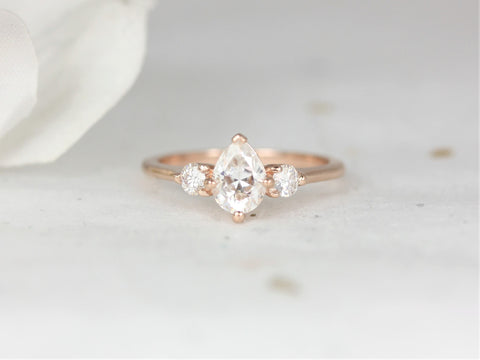 0.75ct Petite Greta 7x5mm 14kt Rose Gold Forever One Moissanite Pear Round 3 Stone Minimalist Engagement Ring,Anniversary Gift