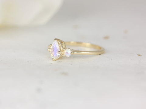 Petite Greta 7x5mm 14kt Gold Rainbow Moonstone Pear Round 3 Stone Unique Minimialist Ring,June Birthstone,Birthday Jewelry