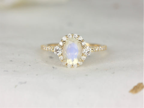 Ready to Ship Bridgette 8x6mm 14kt Gold Rainbow Moonstone Diamond Unique Oval Halo Ring,Oval Engagement Ring,Moonstone Ring,Gift For Her