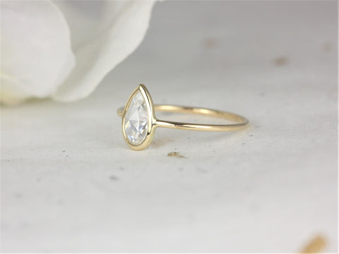 Ready to Ship Pandora 8x5mm 14kt Yellow Gold Forever One Rose Cut Moissanite Bezel Pear Solitaire Ring