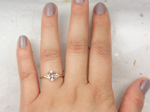 Juniper 8x6mm 14kt Rose Gold Morganite Diamond Three Stone Oval Engagement Ring,Dainty Morganite Cluster Ring,Anniversary Gift