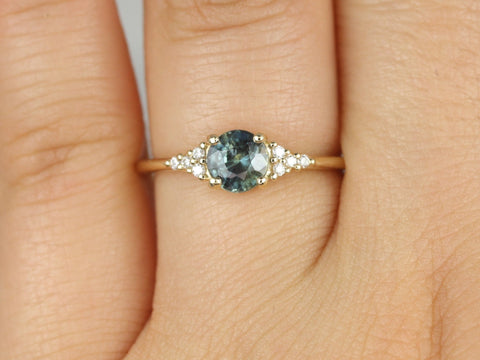 0.85ct Ready to Ship Malia 14kt Gold Ocean Teal Sapphire Diamonds Dainty 3 Stone Cluster Ring
