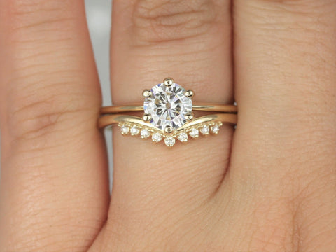 1ct Skinny Webster & Lonnie 14kt Solid Gold Round Moissanite Diamond Dainty 6 Prong Solitaire Bridal Set