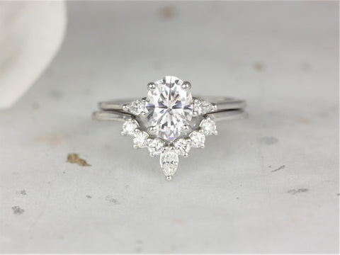 1.50ct Petite Emery 8x6mm & Marjorie 14kt Gold Moissanite Diamond Dainty 3 Stone Bridal Set,Oval Wedding Set,Anniversary Ring