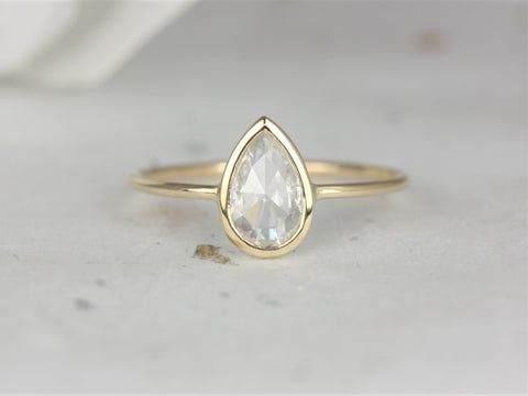 Ready to Ship Pandora 8x5mm 14kt Yellow Gold Forever One Rose Cut Moissanite Bezel Pear Solitaire Ring