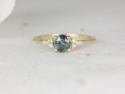 0.85ct Ready to Ship Malia 14kt Gold Ocean Teal Sapphire Diamonds Dainty 3 Stone Cluster Ring