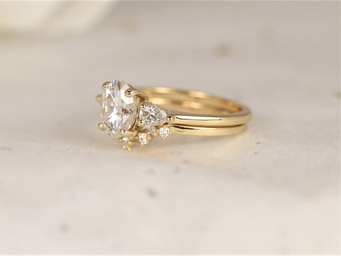1.50ct Emery 8x6mm & Remy 14kt Gold Forever One Moissanite Diamond Dainty 3 Stone Oval Bridal Set