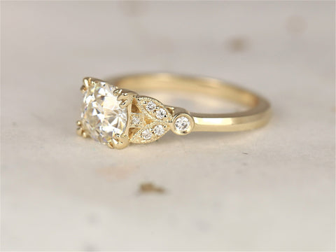 Ready to Ship Antoinette 7mm 14kt Yellow Gold Forever Brilliant Moissanite Diamonds Old Miners Dainty Art Deco Round Engagement Ring